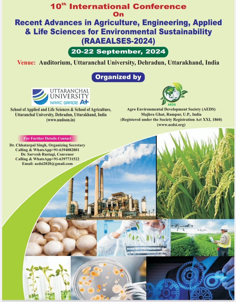 2012Cpsingh's tweet image. Invitation for Three Days 10th International Conference on “Recent Advances in Agriculture, Engineering, Applied &amp;amp; Life Sciences for Environmental Sustainability” during September 20-22, 2024 at Uttaranchal University, Dehradun, Uttarakhand, India