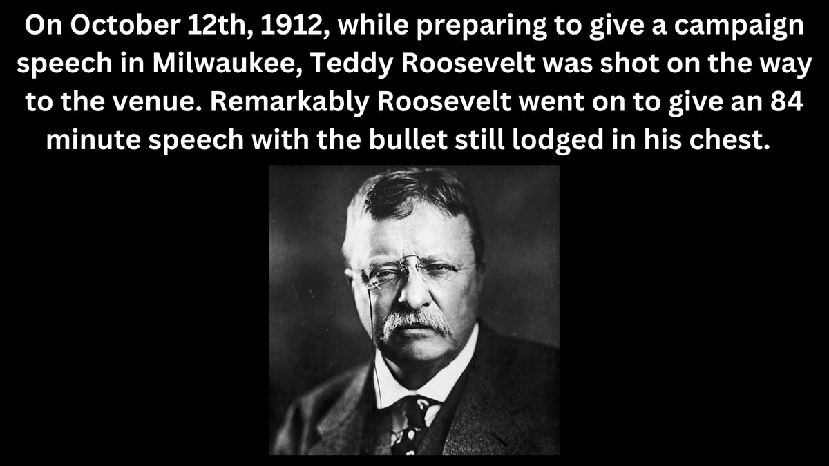 sensiblemiddle's tweet photo. @elonmusk Don’t even. Actually when Roosevelt was shot before his speech he went ahead and spoke for 84 minutes with a bullet in his chest. Trump basically had a shaving cut and had to be helped off the stage. https://t.co/mmKARKp762