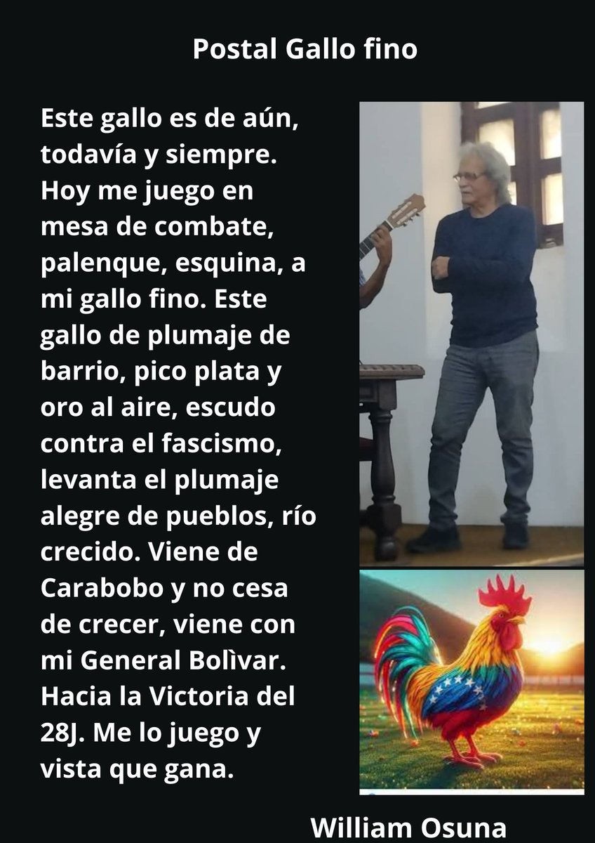 🗣️ La Casa Nacional de las Letras Andrés Bello comparte con ustedes Postal Gallo fino de William Osuna.

@nicolasmaduro
@_laavanzadora 
@luchaalmada15 
@ernestovillegaspoljak 
<a href="/delcyrodriguezv/">Delcy Rodríguez</a> 
@rcazal
<a href="/jorgepsuv/">jorge</a>