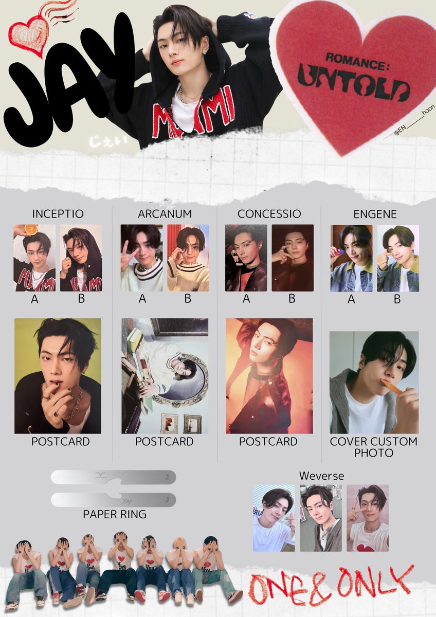 🍥⸝꙳
⁡
ENHYPEN 2nd Studio Album
ROMANCE : UNTOLD
⁡
JAY ジェイ 제이
⁡
Photocard List｜Template
トレカ一覧｜포카 리스트｜포토카드
⁡
🍥⸝꙳
#ROMANCE_UNTOLD
#ENHYPEN #엔하이픈
#ENHYPEN交換 #ENHYPENトレカ交換