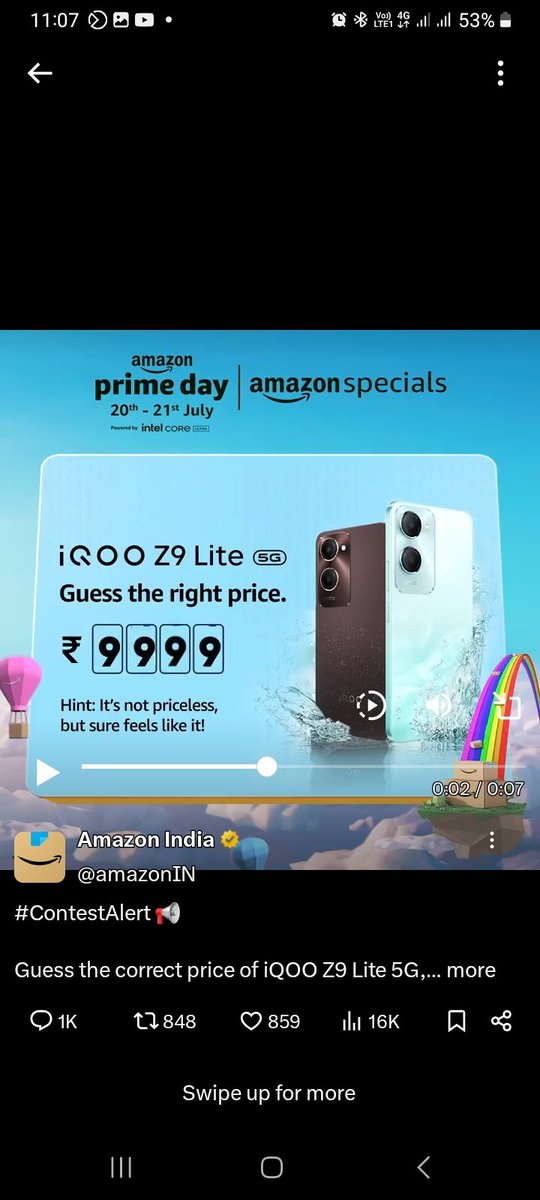 Ams_Blogger's tweet photo. @amazonIN IQOO Z9 Lite 5g price will be 9999/- only 

Book now &amp; get IQOO Z9 Lite only 9999/- on Amazon 

#AmazonSpecials #AmazonPrimeDay 
#DiscoverJoy https://t.co/0AbSVRTD65