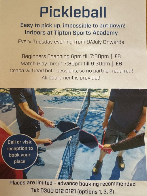 #Pickleball at Tipton Sports Academy 1930-2130 every Tuesday at Wednesbury Oak Road, Tipton, West Midlands, DY4 0BS <a href="/PickleballMids/">Pickleball West Midlands</a>