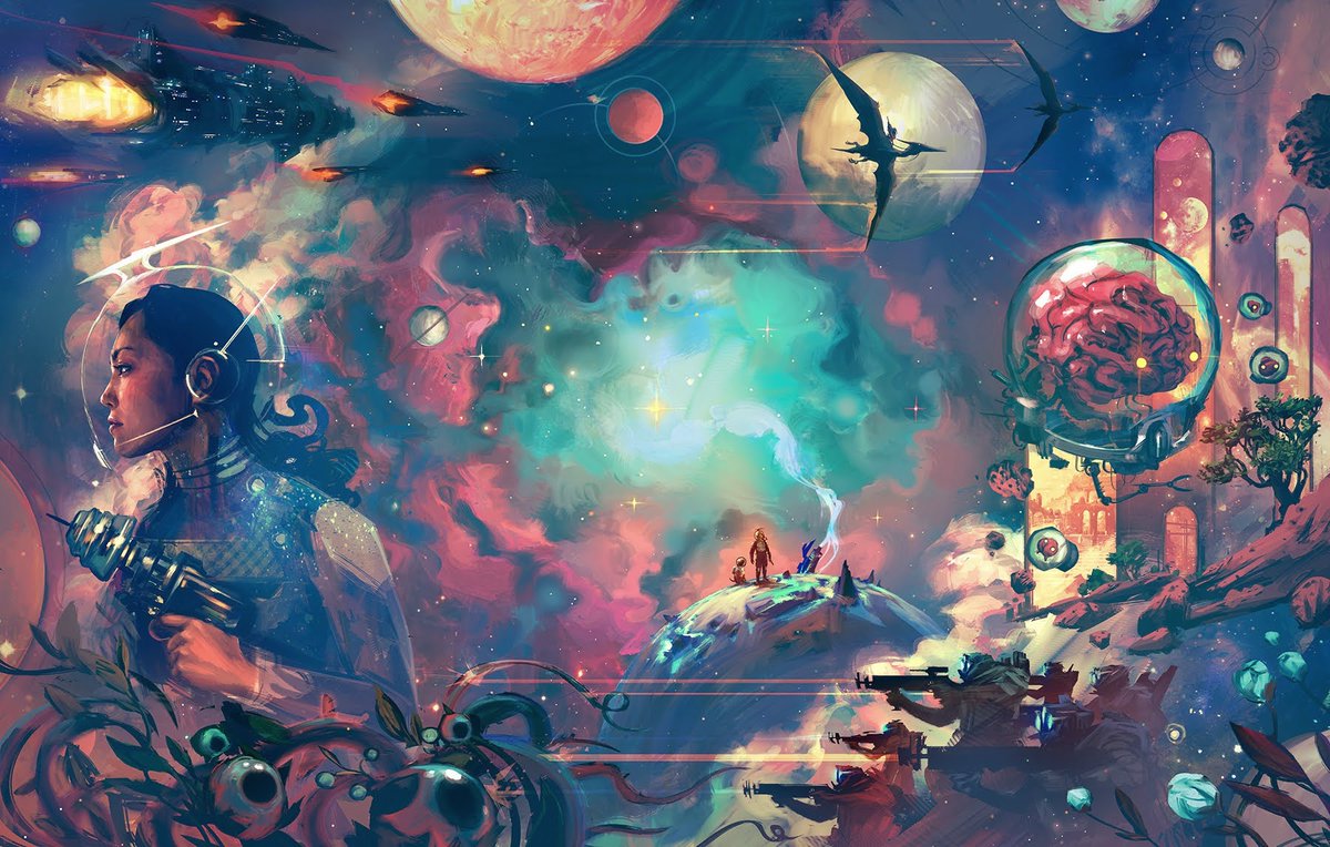 kwanchaimoriya's tweet photo. @AllplayHQ's Artist-series playmat reveal, one of my largest illustrations to date at almost 6 ft. wide! Check it out on Allplay's website and on Kickstarter now. #boardgames #tabletopart #painting #scifiart https://t.co/tkND92rUHk