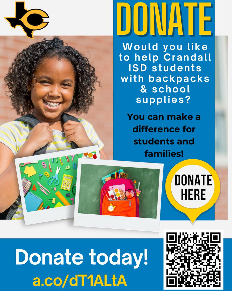👉️ Attention Business, Churches, and Community: Would you like to help Crandall ISD students with backpacks &amp; school supplies? Donate here trst.in/sLJ3jP, and Crandall ISD will get those donations to students! You can make a difference for students and families.