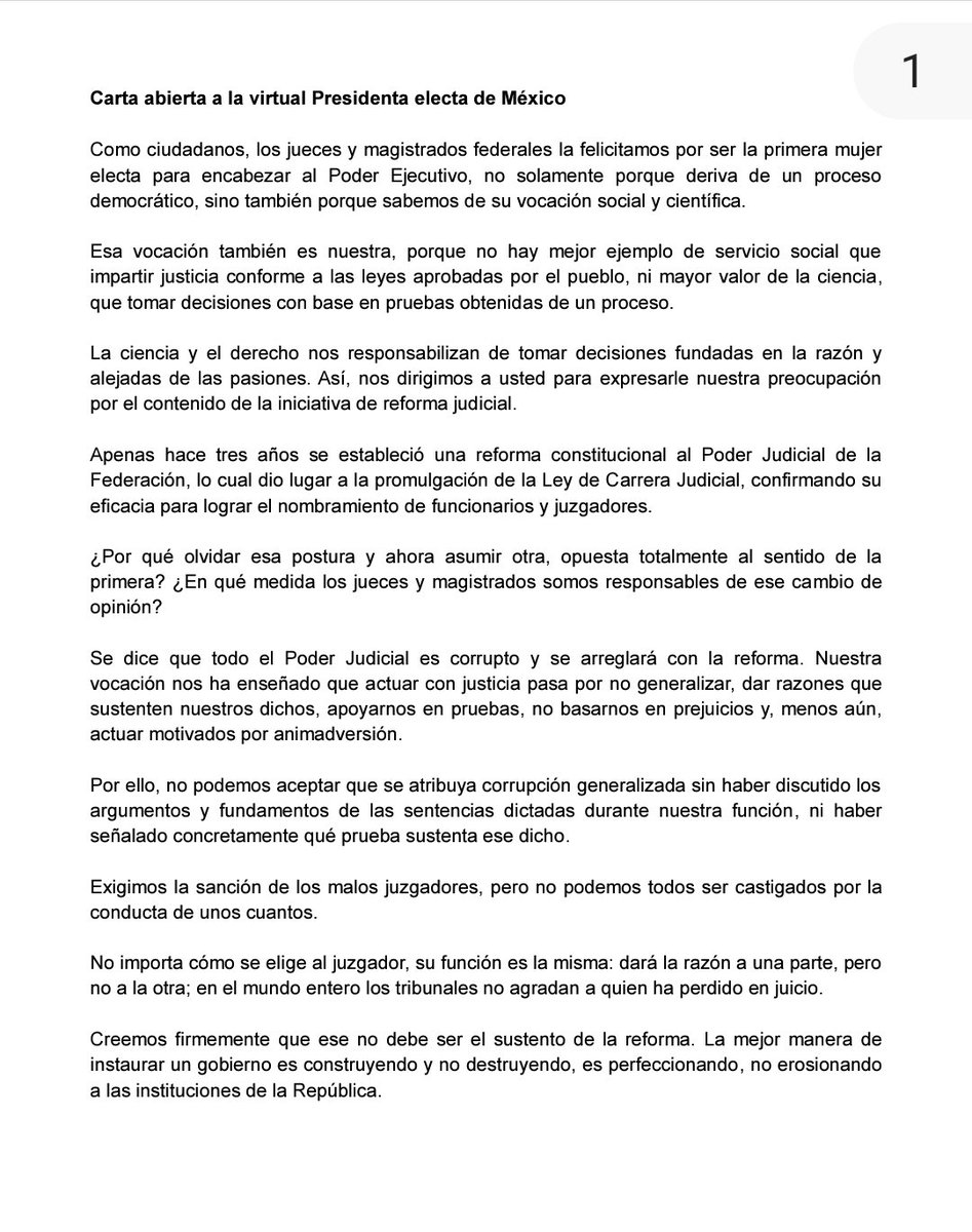 literalmexico's tweet photo. Reclaman magistrados y jueces a @Claudiashein 
incongruencia entre la reforma de @ArturoZaldivarL de hace 3 años y la de AMLO que impulsa la Pdta. Electa
"¿Por qué el cambio de postura en sentido opuesto?"
"En qué medida somos responsables del giro de opinión"
#CartaAbierta https://t.co/5y2nMbqZP2