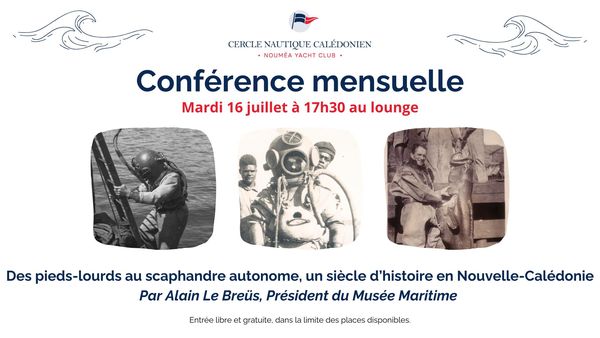 MuseeMaritimeNc's tweet photo. Pour ceux qui n'avaient pu assister à la conférence de notre président Alain Le Breüs "Des pieds-lourds au #scaphandre autonome' au musée, le CNC vous donne l'occasion de plonger dans l'histoire des #piedslourds en #NouvelleCalédonie.
Demain à 17h30 au Cercle Nautique Calédonien! https://t.co/8QFGe6upc3