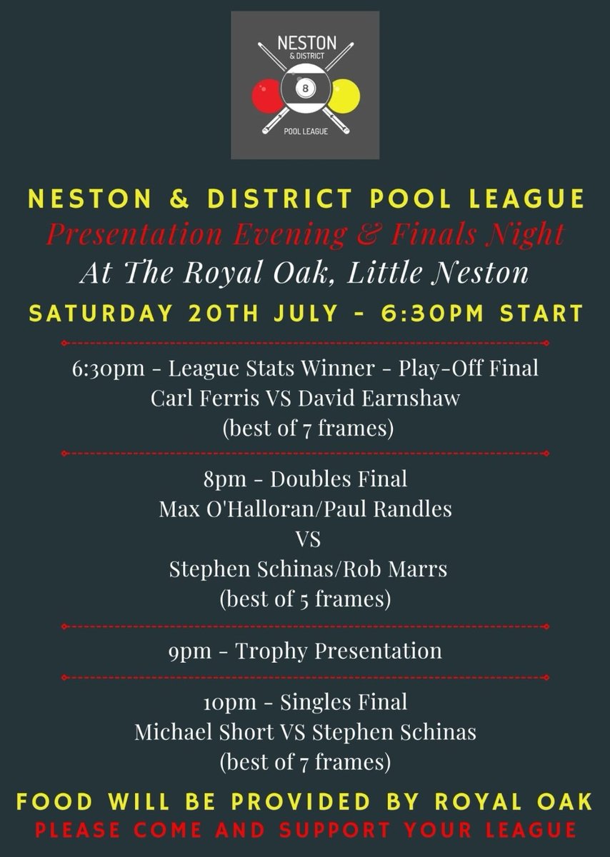 Neston Pool League Presentation Night On Saturday 👍
Royal Oak Has Representatives In Singles &amp; Doubles Finals So Come &amp; Show Your Support For The Lads 🏆🎱🏆🎱