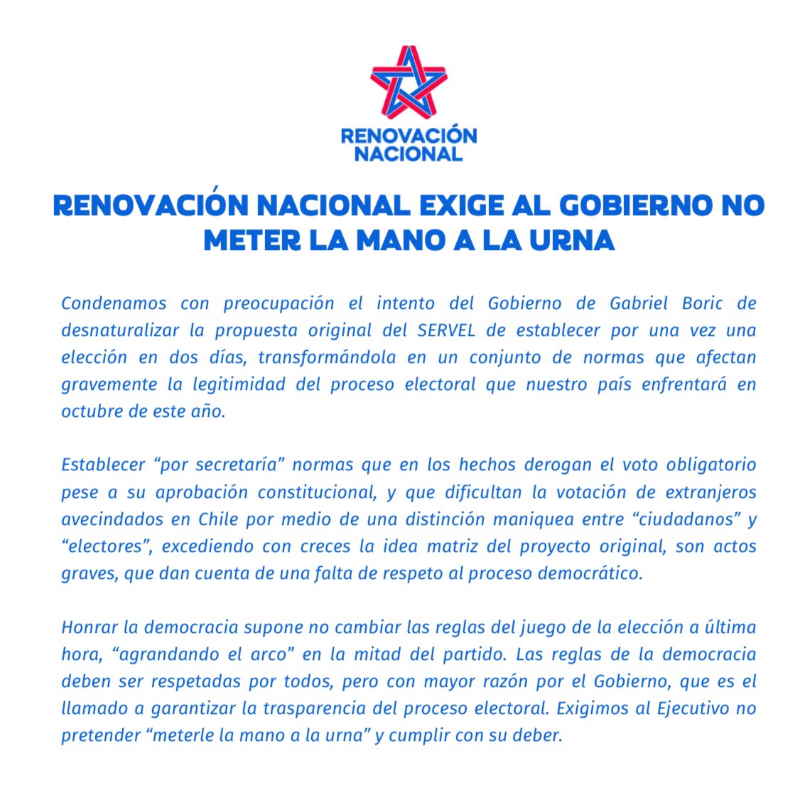 Actuar “por secretaria” para derogar el voto obligatorio, es no respetar el proceso democrático. Lo grave es que el gobierno y partidos oficialistas, al desnaturalizar el proyecto de elección en 2 días, afectan gravemente la legitimidad del proceso que se vivirá en octubre.