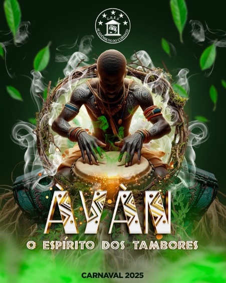 scarnavalesco's tweet photo. Logo do enredo do Cubango para o Carnaval 2025. 'Àyàn, o Espírito dos Tambores' é título; Orixá representa a força das raizes, da sonoridade e a importância do culto aos elementos sagrados.

#cubango #carnaval #samba #riocarnaval #carnaval2025 #carnavalesco https://t.co/Md0taKzLwF