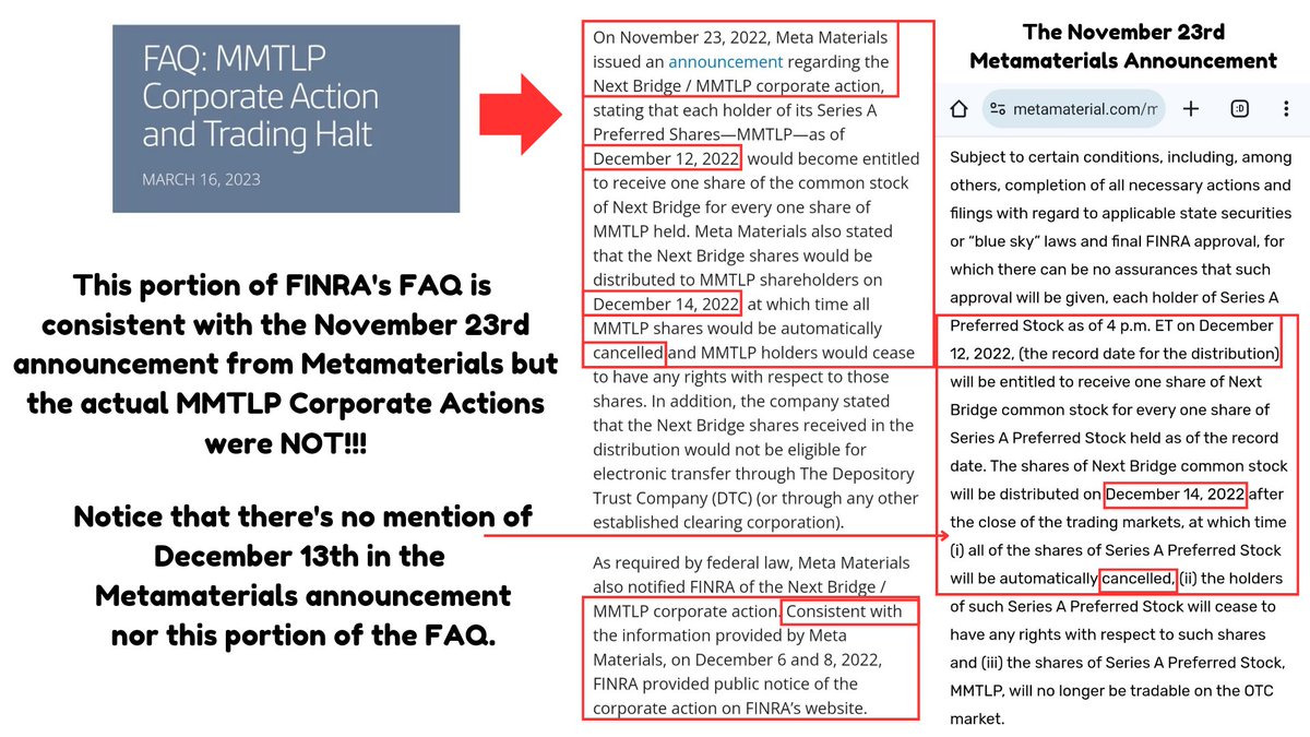 RareDealsHere's tweet photo. Will @FINRA ever be transparent about their exact process for reviewing Corporate Action submissions?

DECEMBER 14TH after market close was the $MMTLP SHARE CANCELLATION DATE, it was very pertinent information but it NEVER appeared in either MMTLP Corporate Action. 

The December 6th MMTLP Corporate Action included an INCORRECT DECEMBER 13TH SHARE CANCELLATION DATE...

The December 8th MMTLP Corporate Action didn't mention SHARE CANCELLATION at all!

WHY? @SECGov @SECEnfDirector @GaryGensler @HesterPeirce 

Can the SEC adequately investigate MMTLP without addressing the Corporate Actions?

Shouldn't the issuer have been involved in revising the MMTLP Corporate Action?

How is it that FINRA revised the MMTLP Corporate Action, but it still resulted in a U3 halt?

This means that FINRA had two opportunities to review the Corporate Action before posting to the Daily List, but they still failed to discover the alleged settlement and clearance issue that made the U3 halt necessary.

@RepRalphNorman @MikeCrapo @The_DTCC @FBILosAngeles @FBIWFO @DOJCrimDiv @TheJusticeDept #MMTLPsetaDATE