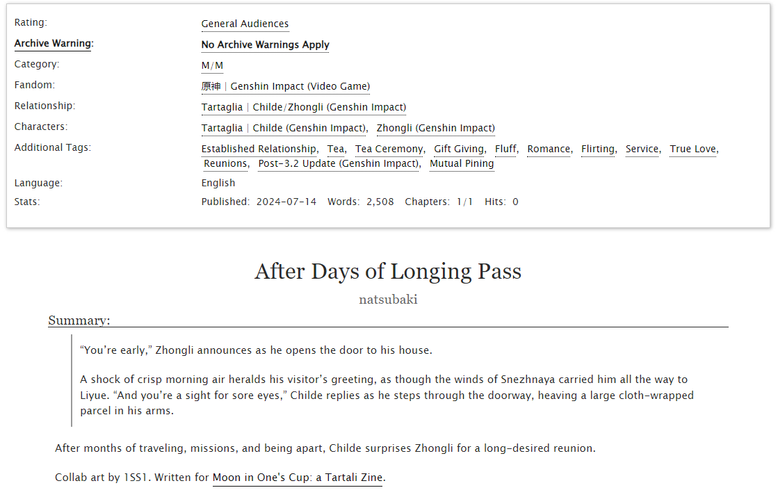 Another birthday lol, another gift for you all! 🥳

My collab with <a href="/1ss1k1/">一色🎨</a> for the <a href="/tartaliteazine/">Moon in One’s Cup ❊ Aftersales Closed!</a> is up!!

Only about 6 more hours remain for leftover sales - check out the links below for the fic and store! ⬇️
 
#Genshinlmpact #tartali #公钟 #タル鍾 💧🔶