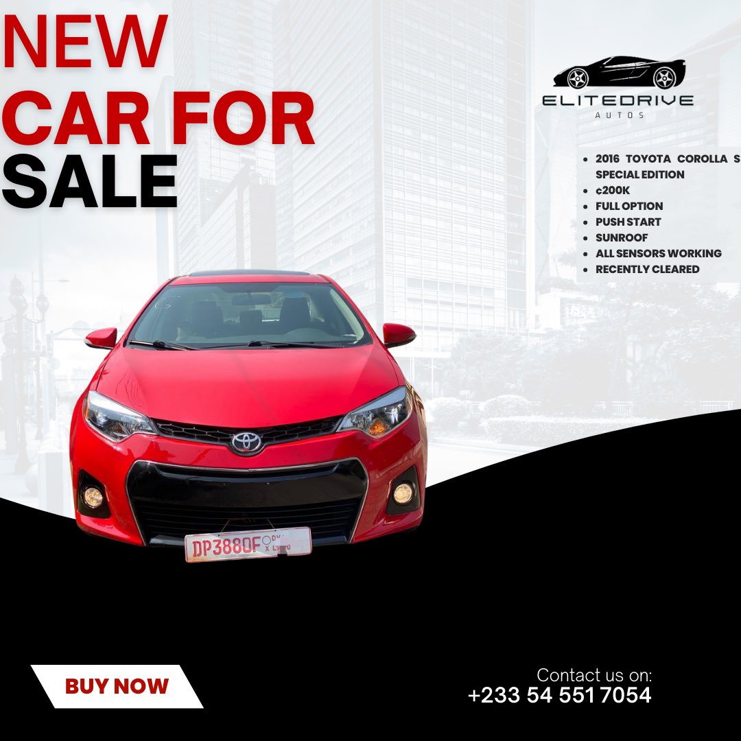 EliteDriveAutos's tweet photo. 2016 Toyota Corolla S Special Edition
¢200k 
Full option 
Push Start 
Sunroof 
All sensors working 
Recently cleared 

#EliteDriveAutos #GhanaDealership #TwitterCommunity #GrowTogether https://t.co/l34dLigU0l