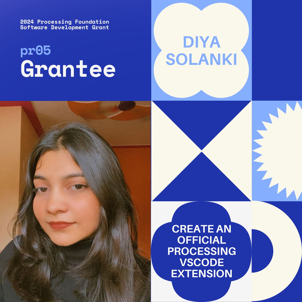 ProcessingOrg's tweet image. Announcing one of this year’s grantees for our 2024 pr05 Software Development Grant 💜 Diya Solanki @diyaayay  is a developer and student, driven by her passion for technology and math. Diya will be mentored by Sam Lavigne @SamLavigne and advised by Justin Gitlin @cacheflowe.