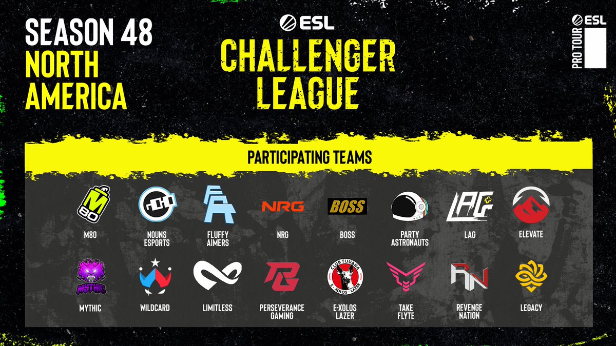 Please welcome all the teams participating in Season 48 of the NA #ESLChallengerLeague! 😍

<a href="/M80gg/">M80</a>
<a href="/nounsesports/">NounsEsports</a>
<a href="/FLUFFYAIMERS/">FLUFFY AIMERS</a>
<a href="/NRGgg/">NRG</a>
<a href="/bossggofficial/">BOSS</a>
<a href="/Partynauts_GG/">Party Astronauts 👨‍🚀🚀</a>
@LagGaming_
<a href="/ElevateGG/">ELEVATE</a>
<a href="/Wildcard_GG/">Wildcard</a>
<a href="/GGLimitless/">Limitless ∞</a>
@perseverancehq
<a href="/exoloslazer/">E-Xolos LAZER</a>
<a href="/TakeFlyteGG/">Take Flyte</a>
<a href="/RvnGNation/">Revenge Nation™</a>
<a href="/legacyggbr/">Legacy</a>