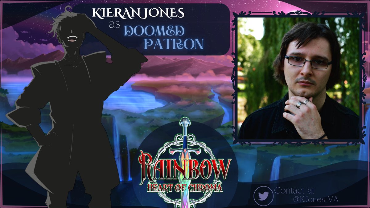 I'm very pleased to introduce you to the incredibly talented <a href="/KJones_VA/">Kieran Jones</a> in my #visualnovel Rainbow: Heart of Chroma! Kieran cameos as the Doomed Patron, and has worked alongside me in several projects throughout our VO journey! Thank you again for lending your voice, I appreciate