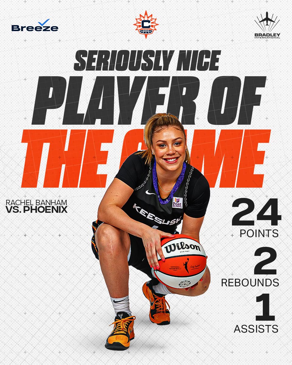 Connecticut Sun (@connecticutsun) on Twitter photo A BIG game for <a href="/rachelbanham_1/">rachel banham</a>‼️
Rachel Banham is your Seriously Nice Player of the Game, brought to you by <a href="/BreezeAirways/">Breeze Airways</a> , with non-stop flights out of <a href="/Bradley_Airport/">Bradley Intl Airport</a> to New Bern, Phoenix, Vero Beach, Cincinnati, Greenville, and many more! A BIG game for <a href="/rachelbanham_1/">rachel banham</a>‼️
Rachel Banham is your Seriously Nice Player of the Game, brought to you by <a href="/BreezeAirways/">Breeze Airways</a> , with non-stop flights out of <a href="/Bradley_Airport/">Bradley Intl Airport</a> to New Bern, Phoenix, Vero Beach, Cincinnati, Greenville, and many more!