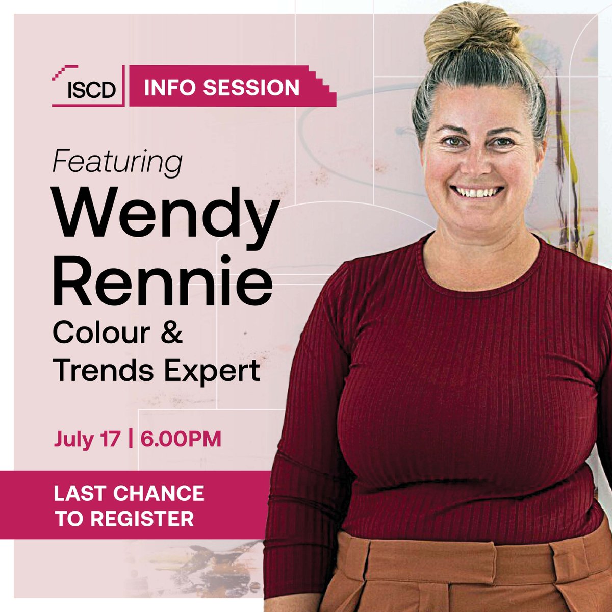 📢This is your last chance to register for our upcoming free online info session! Join from anywhere, ask questions in real-time.
 This month meet, Wendy, from Wendy Rennie Studio!
Register here: hubs.li/Q02Fl4nk0

#colour #design #freeinfosession #iscd #colourpsychology