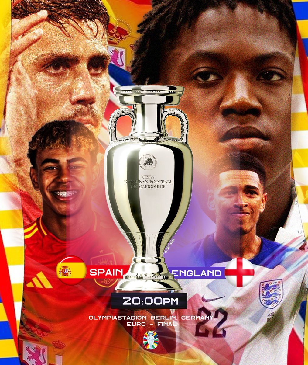 TeamDesign24's tweet photo. UEFA EURO 2024 Final 

Spain 🇪🇸  vs England 🏴󠁧󠁢󠁥󠁮󠁧󠁿  

Who is winning? 

Make your predictions 😉 

Kindly check out @Hemifybet , show your passion and give a follow for more sport updates.

Designed by me 🔥🍻

#SPAENG https://t.co/5WzJrGQfLL