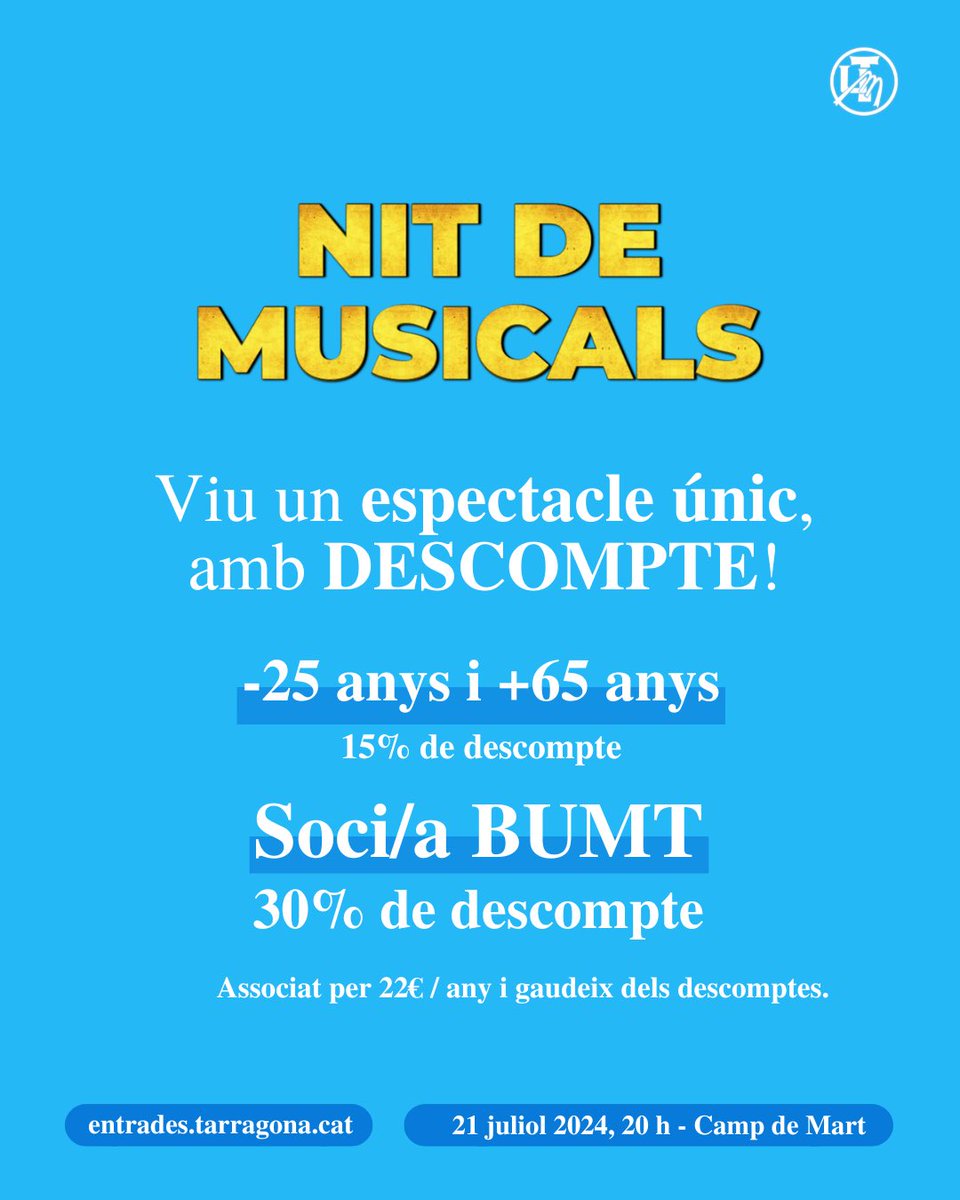 Bumtarragona's tweet photo. La #BUMT sempre volem que gaudiu dels nostres concerts, i per això us portem els següents descomptes pel concert del diumenge 21 de juliol🎶
Menors 25/Majors 65: 9 €
Socis BUMT: 7 €
Us esperem per viure una #Nitdemusicals molt especial!✨
🎟️https://t.co/m5wZVoa0wX https://t.co/gbR1iYNsXB