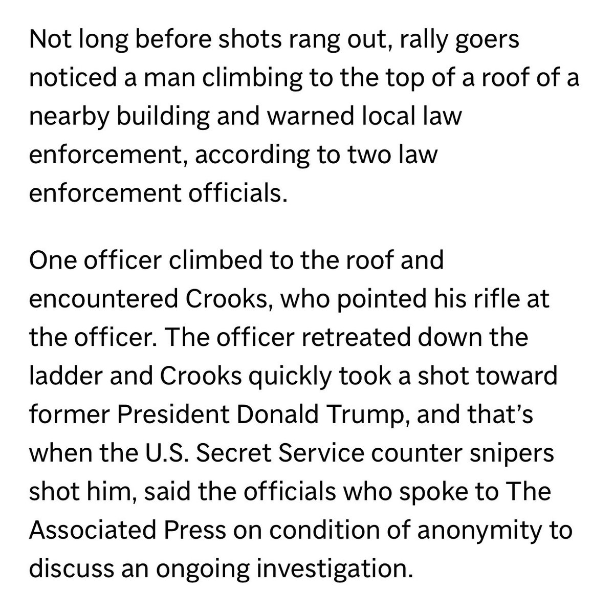 WarriorNight007's tweet photo. Seconds before Thomas Matthew Crooks, the Shooter at yesterday’s Campaign Rally in Pennsylvania began to Shoot at Former President Donald J. Trump; a Local Police Officer had climbed the Ladder onto the Roof that Crooks was on in the Prone Position, to Investigate a Report of a Suspicious Individual possibly with a Gun, but the Officer fell after Crooks pointed his Rifle at him and then almost immediately began to fire towards the Rally.