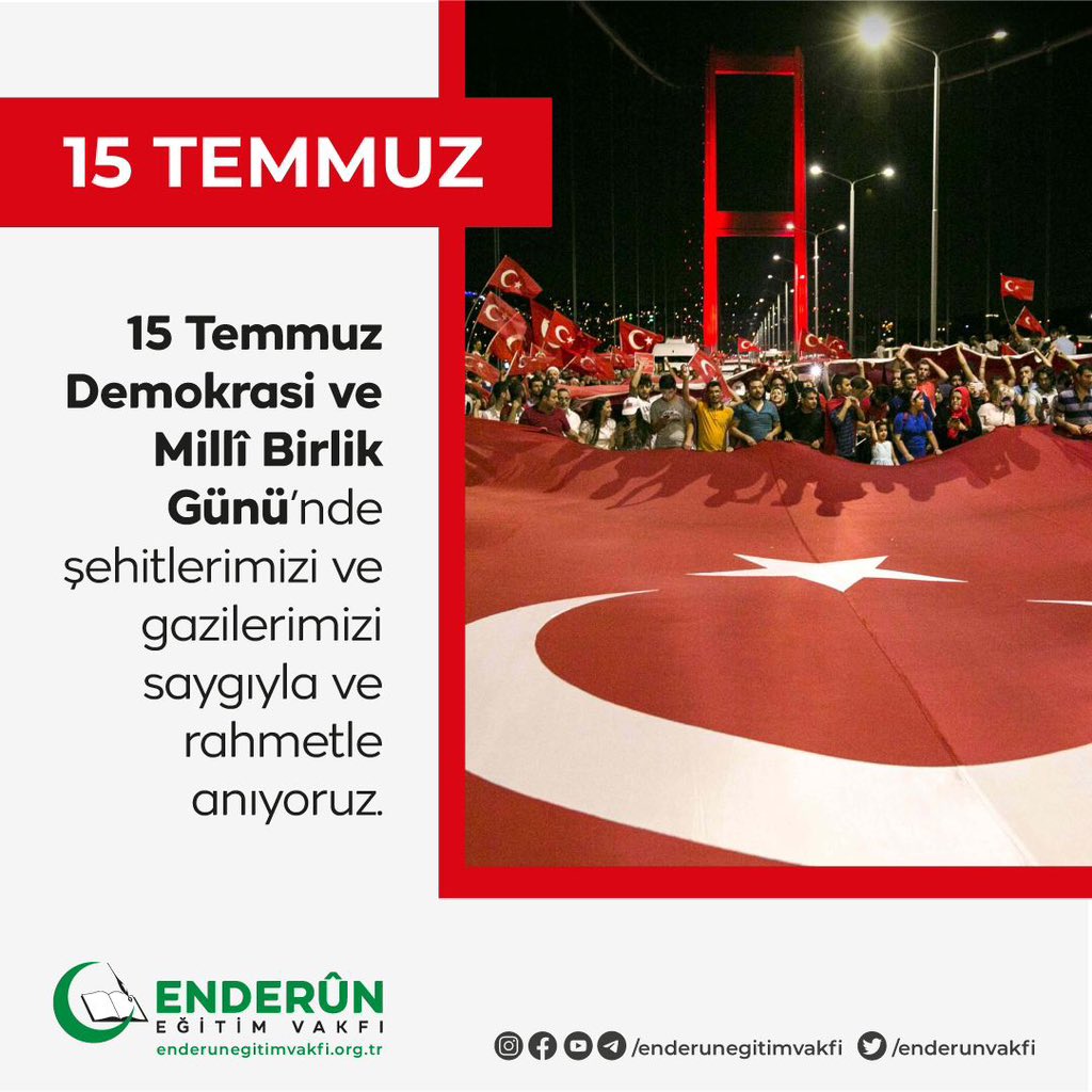 Salalarla ve tekbirlerle vatanımızı savunan şehit ve gazilerimizi rahmet, vefa ve minnetle yad ediyoruz. 

Şehitlerimizin aziz hatıralarını, aziz milletimizin destansı mücadelesini, 15 Temmuz'u unutmayacağız, unutturmayacağız.
#EnderunEğitimVakfı
#15Temmuz #15TemmuzuUnutma