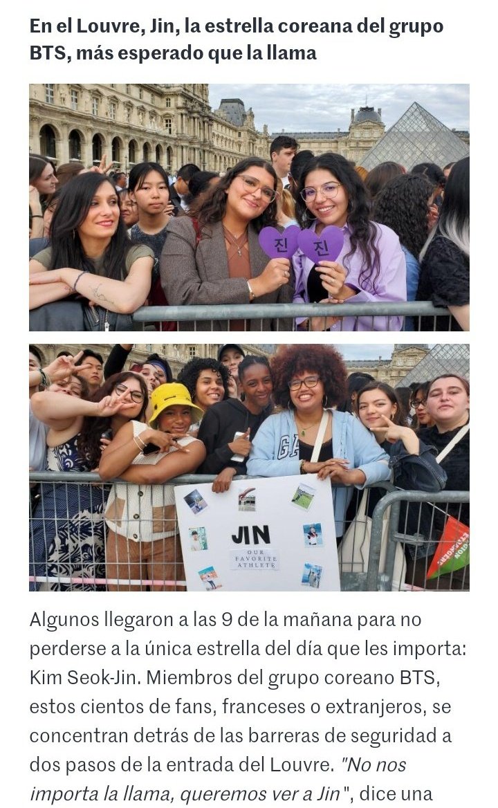 stayalivejksg's tweet photo. UN MEDIO FRANCES PONIA DE TITULAR EL "EN EL LOUVRE, JIN, LA ESTRELLA COREANA DEL GRUPO BTS, MAS ESPERADO QUE LA LLAMA" Y ENTREVISTARON A UN ARMY Y ESTA LES DECIA "NO NOS IMPORTA LA LLAMA, QUEREMOS VER A JIN" CHAU😭😭 https://t.co/pTgxPGqCwj