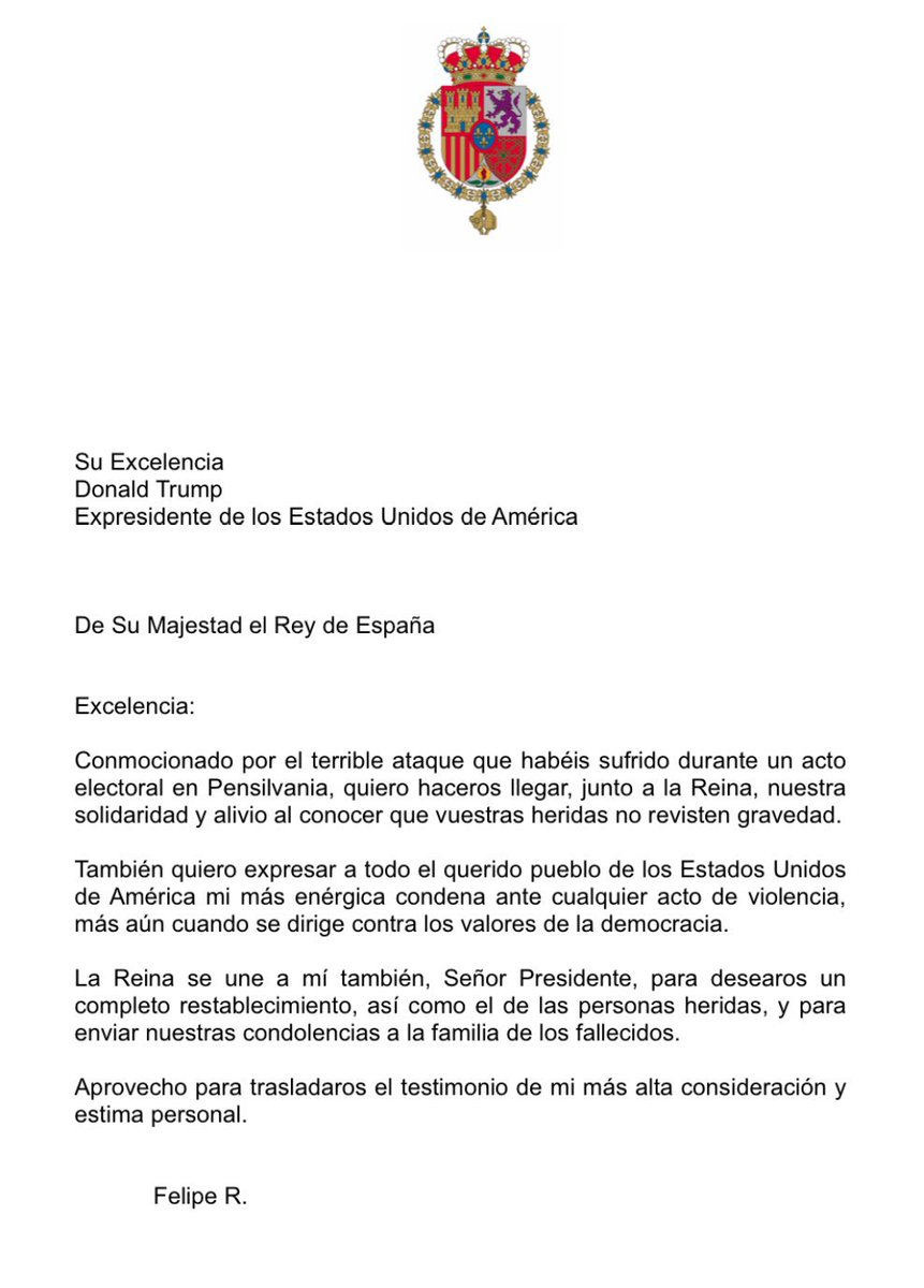 viquirepublica's tweet photo. Brutal leer a Felipe VI, abogando a la defensa de la Democracia y condenando energicamente ,el acto de violéncia dirigido contra los valores de la democracia,  en el ataque a Trump 

Él,  que ostenta el cargo de jefe del estado, por el que nadie lo ha votado  y lanzó el “a por ellos” ante gente pacífica que en democracia queria votar

¡ Menudo  cínico !