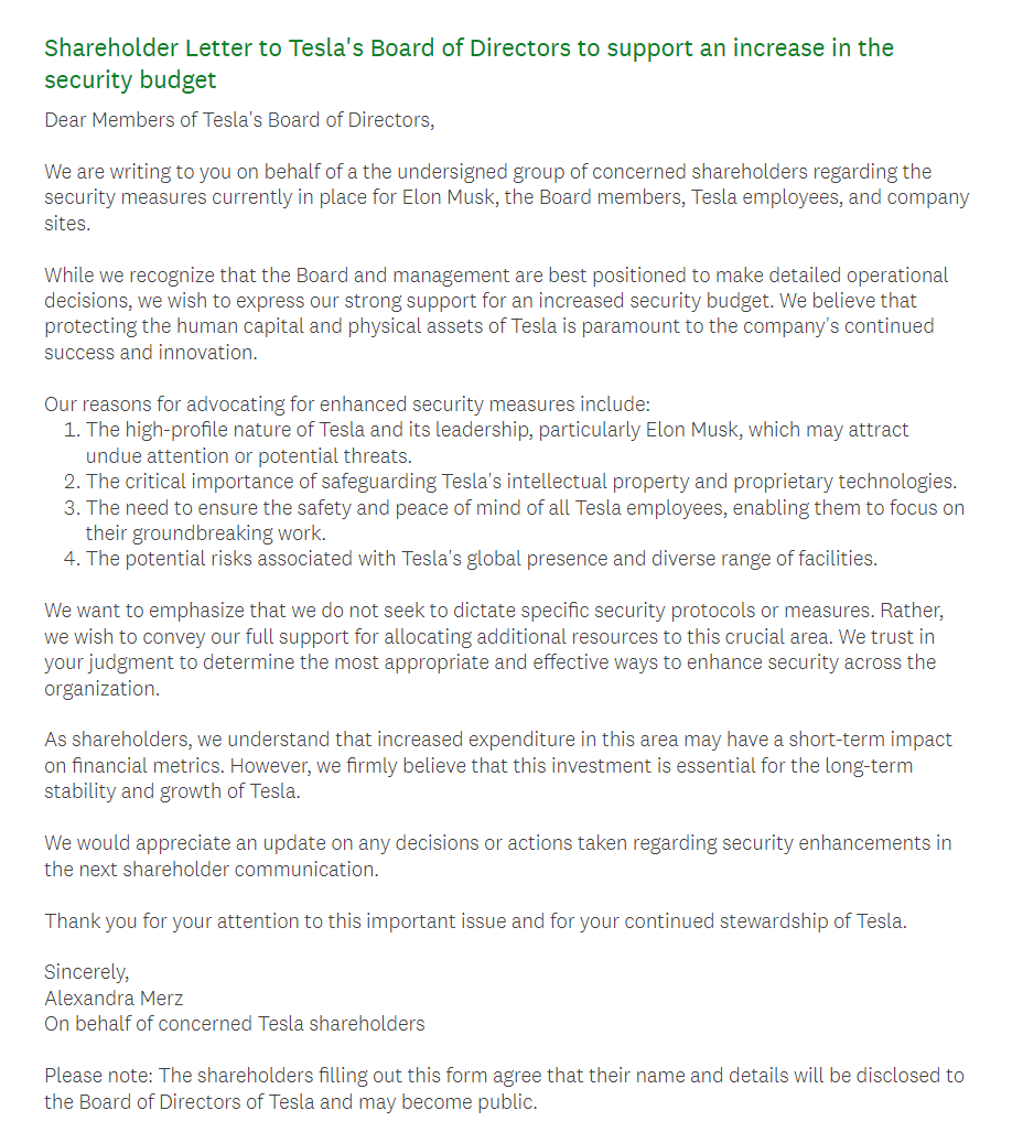 TeslaBoomerMama's tweet photo. 📨🛟

With over 90% and more than 3,000 participants wanting to support Tesla's Board of Directors to increase the security budget for Elon, the Board Members, the employees and the sites, we set up the below letter.

Participation open until Tuesday:
https://t.co/sANUyhqFn2