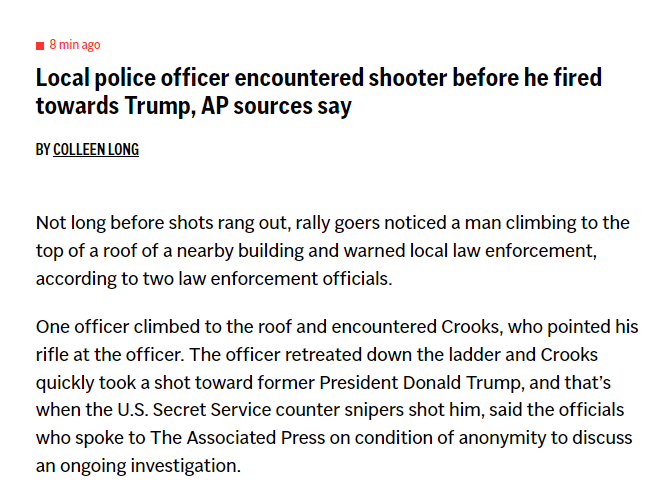 USAFirstPatriot's tweet photo. 🚨Breaking News🚨"One #officer climbed to the roof and encountered #Crooks, who pointed his #rifle at the officer. The officer #retreated down the ladder and Crooks quickly took a shot toward former #PresidentDonaldTrump..." https://t.co/NXzh87coA9