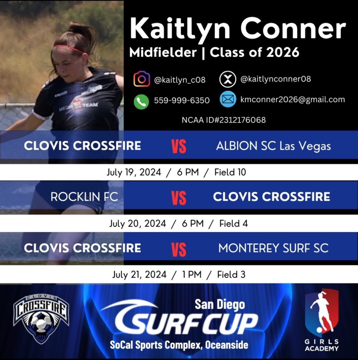 kaitlynconner08's tweet photo. Surf Cup 2024 Game Schedule!  Super excited to play and ready to WIN! @GAcademyLeague #BestoftheBest https://t.co/sC52PQgaCB
