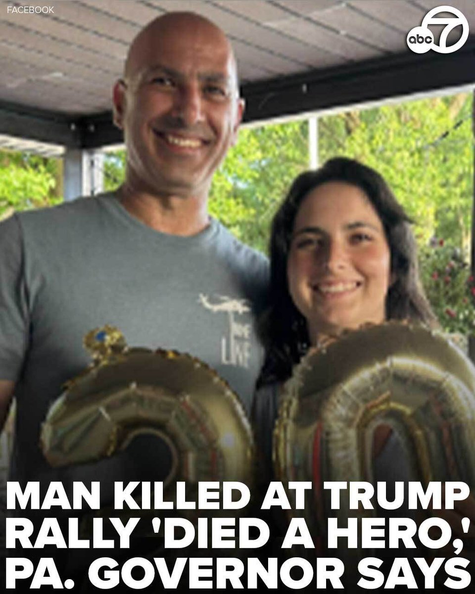 ABC7's tweet image. A firefighter and a father of two daughters was identified as the man killed at a Trump rally in Pennsylvania. Corey Comperatore &quot;died a hero&quot; when he &quot;dove on his family&quot; to protect them from the gunfire, his wife said, according to Pennsylvania&apos;s  governor. His family posted…