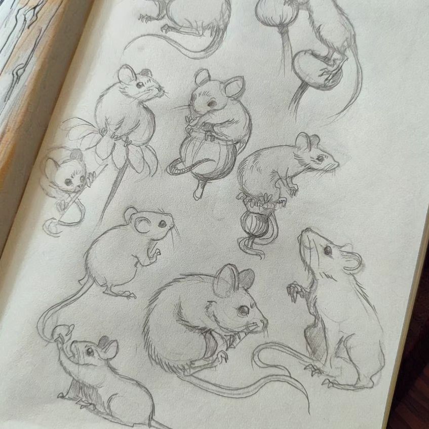 Qupo's tweet photo. I recently did a study of a mouse and mushroom from Pinterest and couldn't resist turning it into a mini-series 🍄🐭. Here are some sketches and thumbnails for my upcoming illustrations. Fingers crossed 🤞 that this project doesn't vanish into the Project Void Zone! ✨ https://t.co/k0JL2b0Sgo