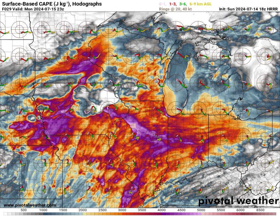 Emokwx's tweet photo. Tomorrow has the hallmarks of a significant derecho day over NIL. Extreme instability will develop along a baroclinic zone reinforced by convection tonight, with a ML shortwave diving into the cornbelt. Steep MLLRs + inverted V at the surface will aid in sig wind production https://t.co/9WuGTjc7Ql