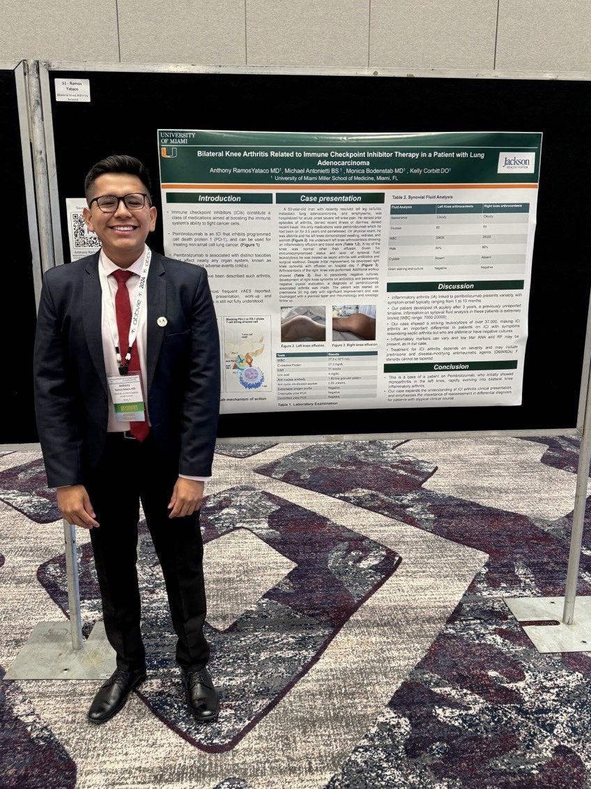 anth_ramosMD's tweet photo. Florida Rheumatology Society 😎😎 
Bilateral knee arthritis related to pembrolizumab 
Sarcoidosis or Tuberculosis ? That’s the question 
#rheumatology @AAPPHealth @UmJmhIMRes https://t.co/y8SDhuPePa
