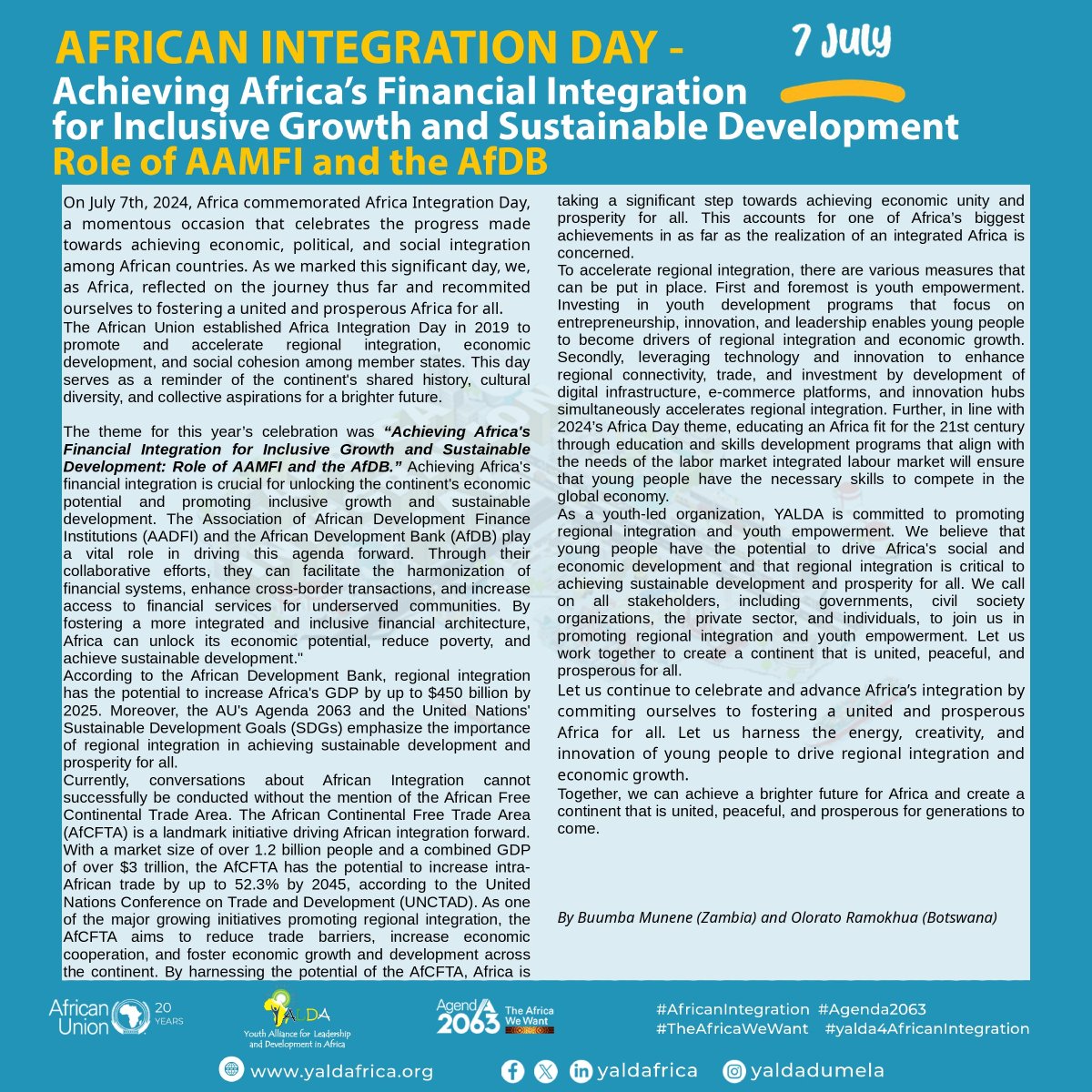 yaldafrica's tweet photo. Reflecting on the Recent Africa Integration Day Celebrations!
On July 7th, 2024, Africa commemorated Africa Integration Day. Share with us how you celebrated the day by commenting on this post.
#AfricanIntegration
#Agenda2063
#YALDA4AfricanIntegration
#TheAfricaWeWant https://t.co/dC54zcbHCf