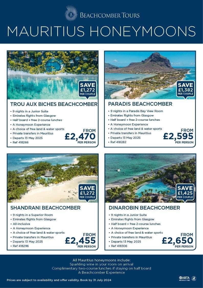 Fiona Bibby (@fionastravels) on Twitter photo Mauritius honeymoons for 2025 <a href="/Beachcomber_/">Beachcomber Resorts & Hotels</a> Special offers need to be booked by 31st July - for more details call 07974 567003 or fionabibby@travelarchitect.com
Other airports/dates/ durations #mauritiushoneymoon #luxurymauritiushoneymoon #mauritiusoffers Mauritius honeymoons for 2025 <a href="/Beachcomber_/">Beachcomber Resorts & Hotels</a> Special offers need to be booked by 31st July - for more details call 07974 567003 or fionabibby@travelarchitect.com
Other airports/dates/ durations #mauritiushoneymoon #luxurymauritiushoneymoon #mauritiusoffers