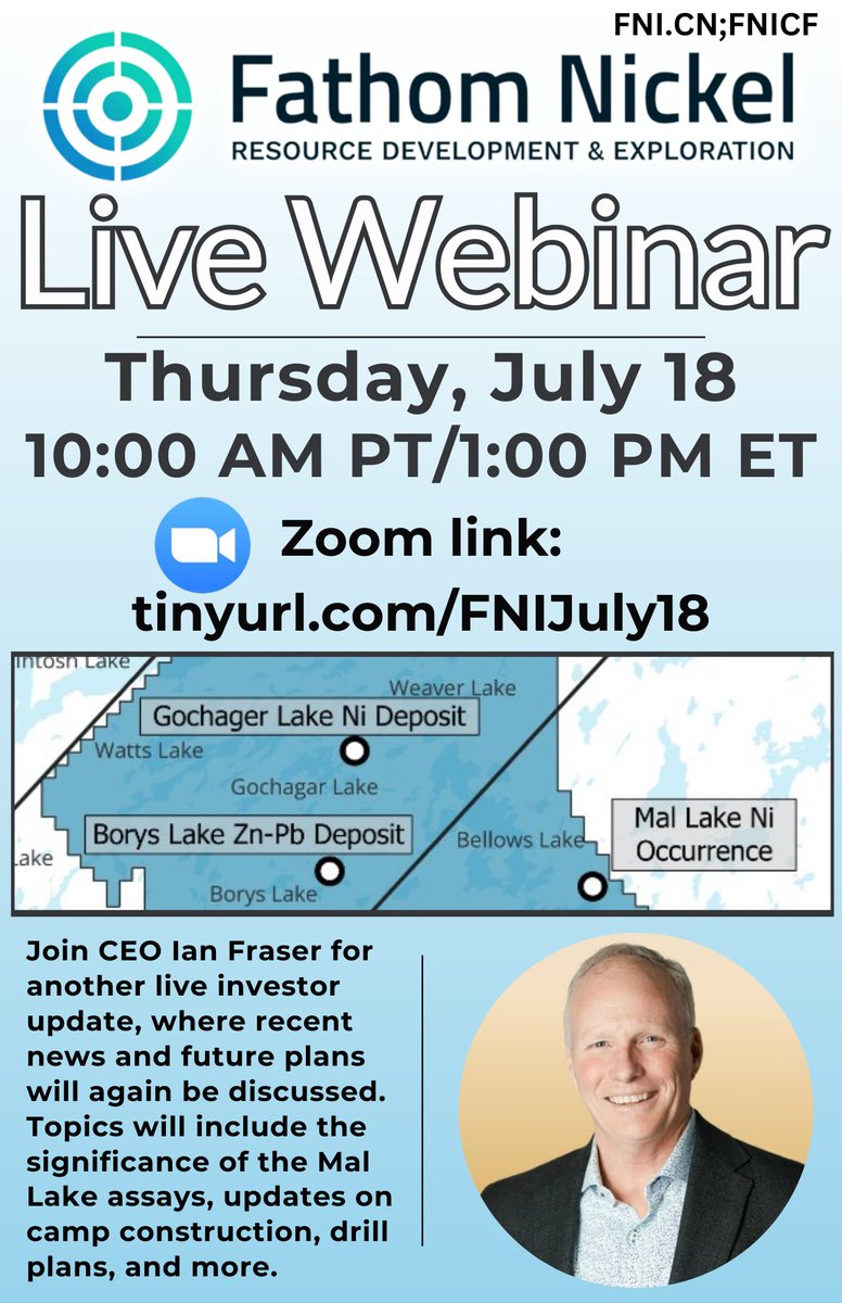 We are hosting another live investor webinar this coming week! Join CEO Ian Fraser to discuss investor-led topics on Thursday, July 18th at 10:00 AM PT/1:00 PM ET.  

Zoom link is on poster or here: us06web.zoom.us/j/88527245329  

$fni $fnicf #nickel #cobalt #copper