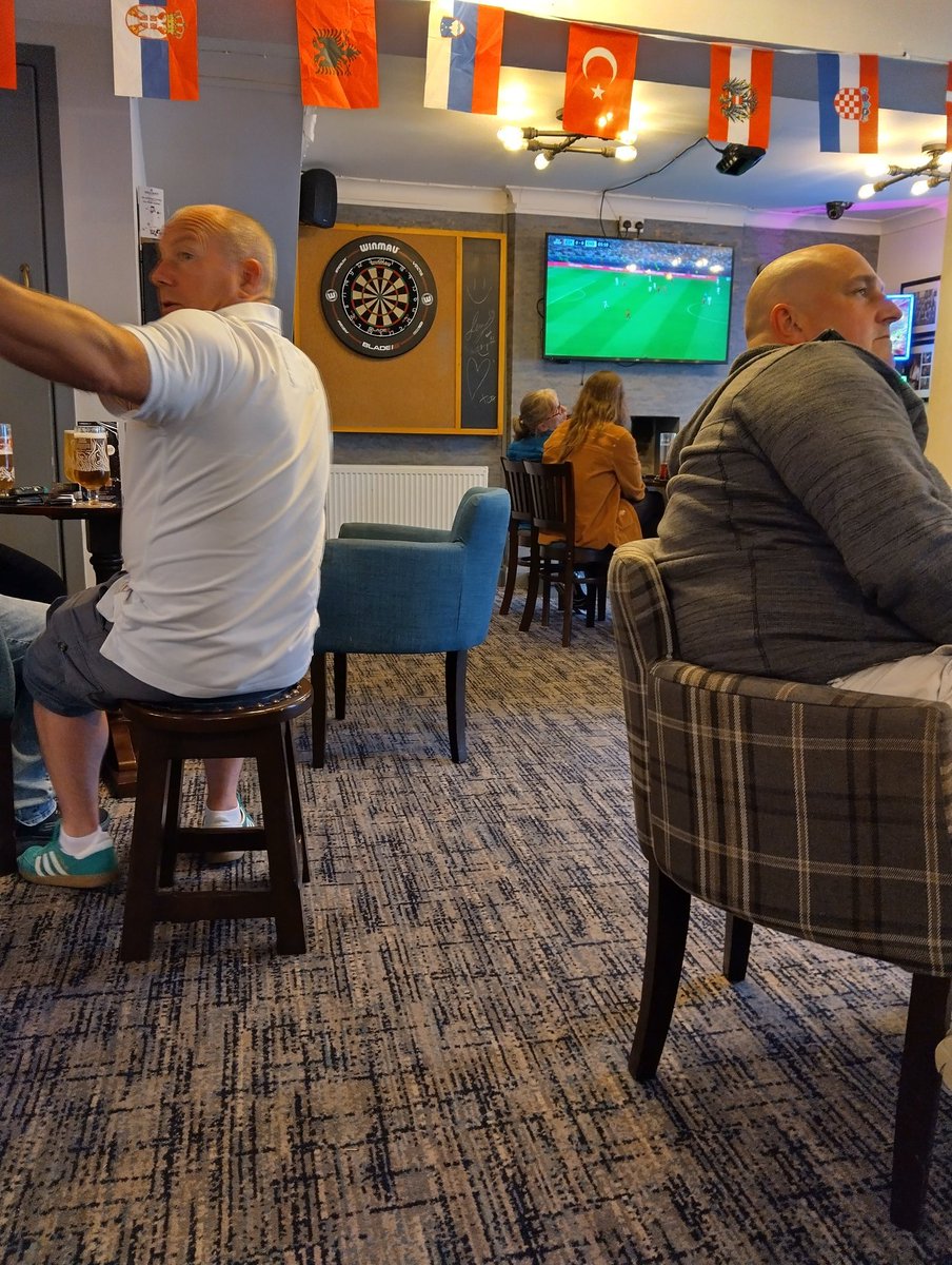 thecoolerking73's tweet photo. In a Welsh pub. Out of 40 people here only 3 of us are supporting England. Pedigree is £2 a pint, so...... https://t.co/1XxByh8si6