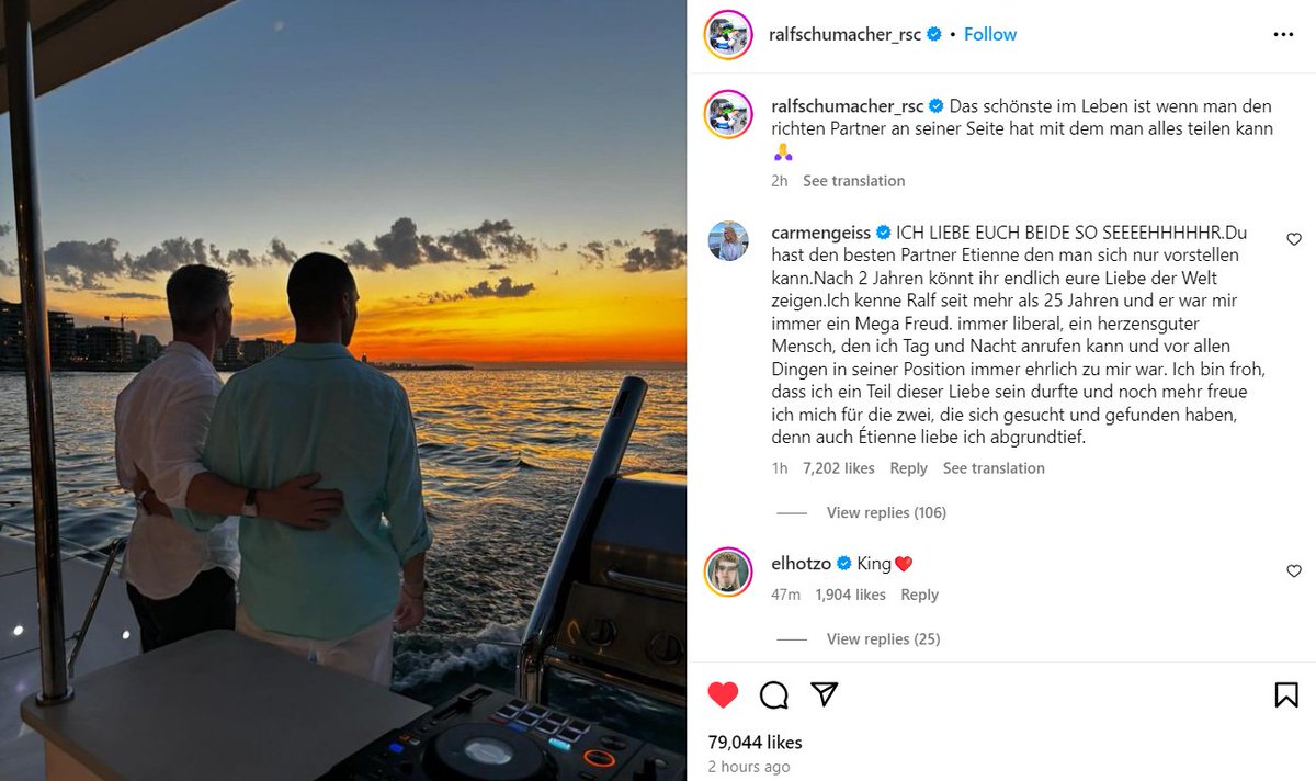 🗣️: "The best thing in life is when you have the right partner at your side, with whom you can share everything."

Six-time #F1 grand prix winner Ralf Schumacher has revealed he is in a same-sex relationship. 👏