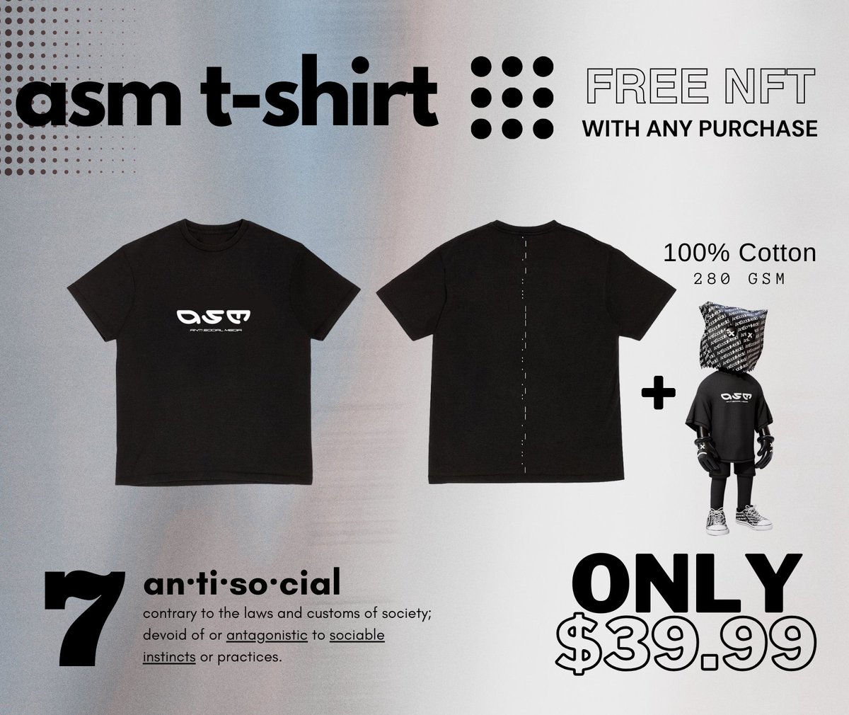 Limited Drop "ASM T-SHIRT" 

Only $39.99 USD available at antisocialmedia.shop 

Purchase one or more T-Shirts to automatically recieve an exclusive 1/100 Anti-Social Genesis NFT (Only available to the first 100 T-Shirt orders)

Only available until July 22nd🚨