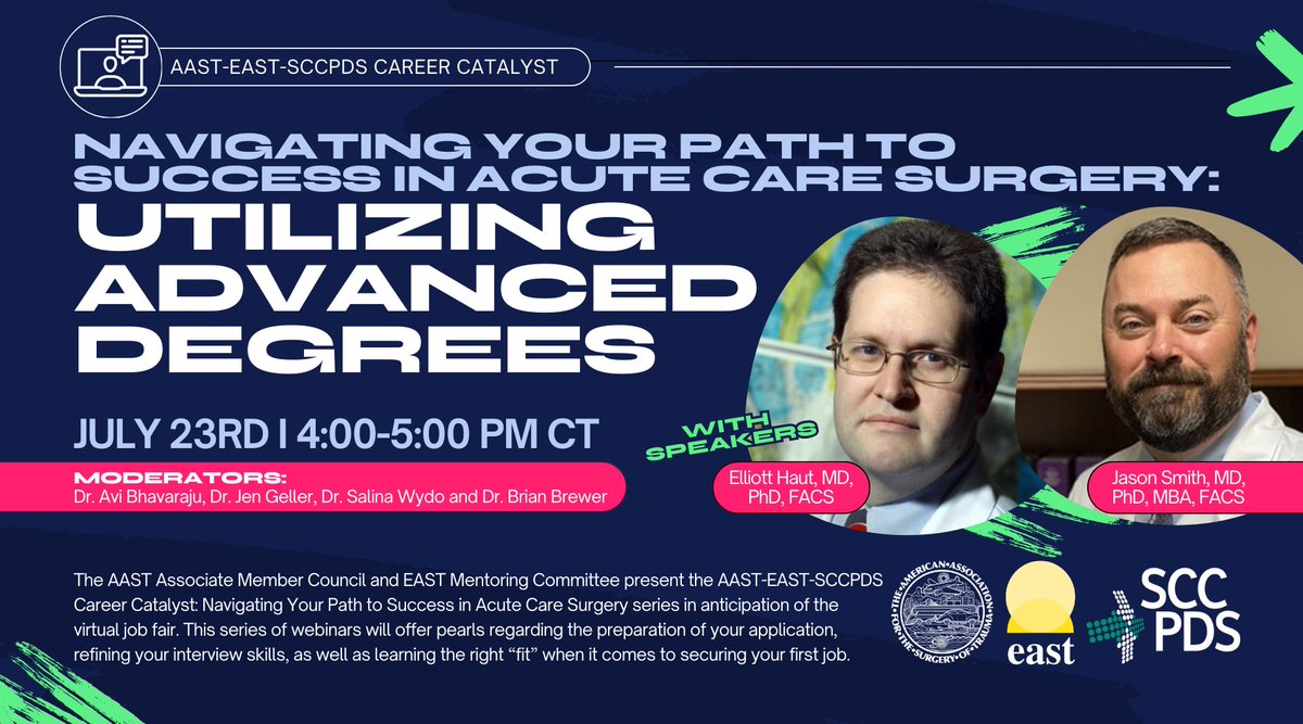 EAST (@east_trauma) on Twitter photo Introducing the AAST-EAST-SCCPDS Career Catalyst Webinar Series. Join us for our first session, "Utilizing Advanced Degrees," for career advancement with guest speakers <a href="/elliotthaut/">Elliott R Haut, MD, PhD</a> and <a href="/DrJtrauma/">Jason Smith MD, PhD, MBA</a> on July 23rd at 4:00 pm CT. Reserve your spot today! bit.ly/3XSFPsv Introducing the AAST-EAST-SCCPDS Career Catalyst Webinar Series. Join us for our first session, "Utilizing Advanced Degrees," for career advancement with guest speakers <a href="/elliotthaut/">Elliott R Haut, MD, PhD</a> and <a href="/DrJtrauma/">Jason Smith MD, PhD, MBA</a> on July 23rd at 4:00 pm CT. Reserve your spot today! bit.ly/3XSFPsv