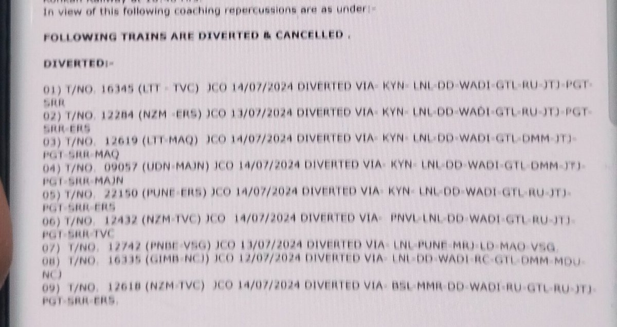 CBhadr's tweet photo. @KonkanRailway @RailMinIndia @Central_Railway @GMSRailway @swapnil_IRTS Nizamuddin - TVC Rajdhani left panvel 30 mins ago. Will proceed with a diverted route. List of diverted trains. https://t.co/Fio4fLnYmb