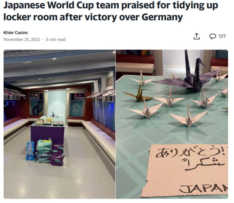PriorDem's tweet photo. @wolfofx Japan World Cup players clean locker room before leaving. https://t.co/J7AsGHlgfK