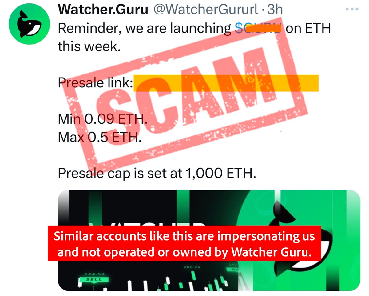 ⚠️ SCAM ALERT: Watcher Guru has not and will never release a cryptocurrency token/coin project.

Any and all projects claiming to be owned, endorsed, or backed by us is a scam.

We have been targeted by reply bots impersonating us we suggest you block and report those accounts.