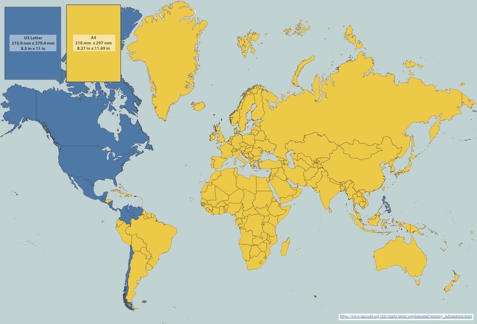 This #map deals with an issue that I found mildly infuriating: paper sizes. Essentially the whole world uses the perfectly logical DIN paper format but a few weird outliers (led by the US) use the US letter format. Not a fan of that format! Source: buff.ly/2XkMfyy