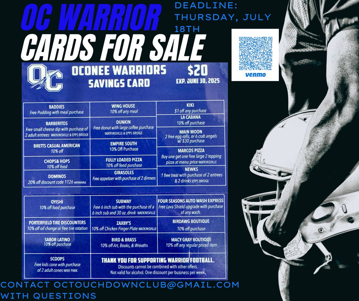 octouchdownclub's tweet image. Warrior Cards For Sale!! Support Your Oconee County Warriors Football Team and Get Great Discounts to Local Businesses!! #ocfearthespear #weareone