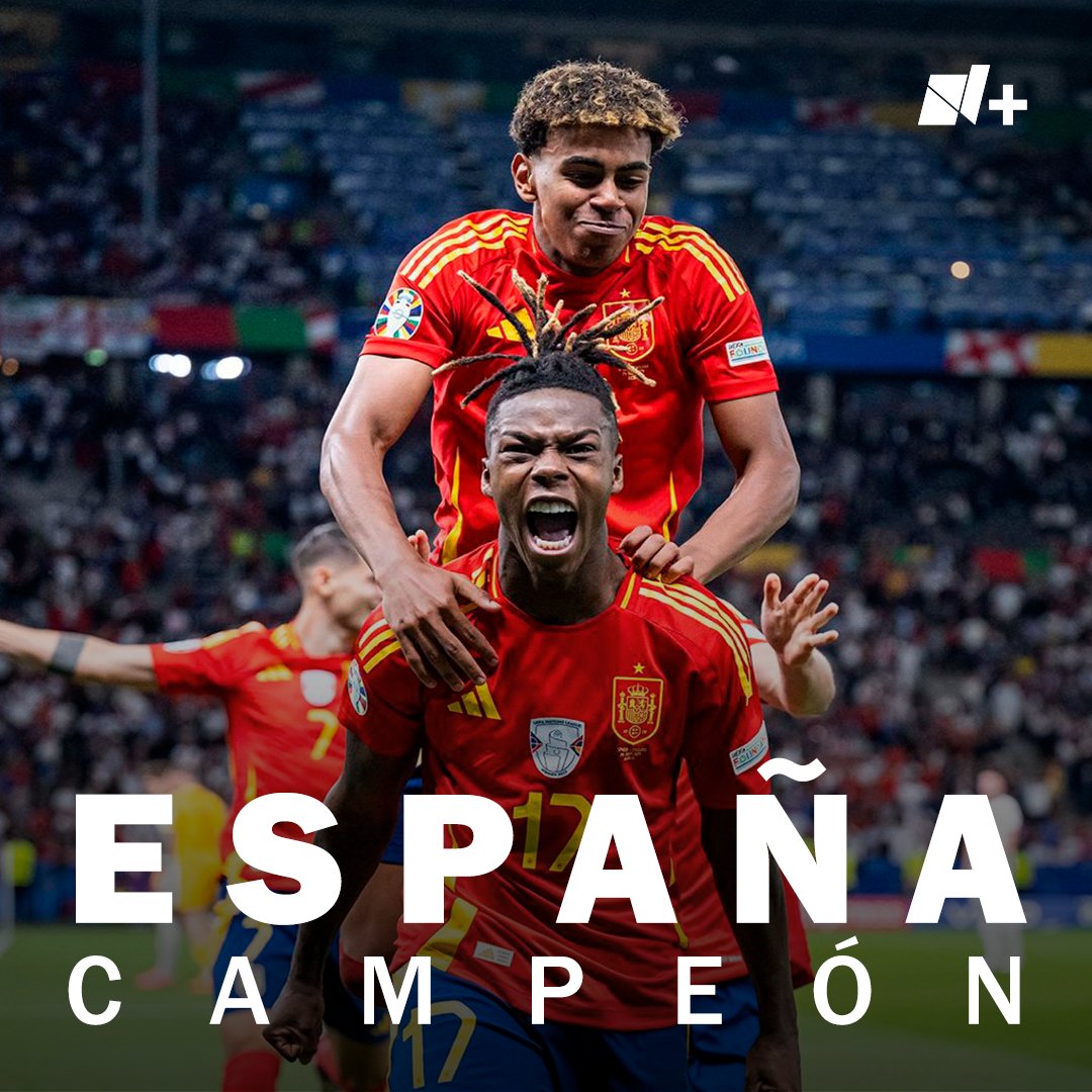 nmas's tweet photo. #EURO2024 | ¡España es campeón de la Eurocopa! Derrota 2-1 a Inglaterra y se corona en el Estadio Olímpico de Berlín. 

Los goles de la Furia Roja fueron de Nico Williams y Oyarzabal. https://t.co/hk4gflAnUq