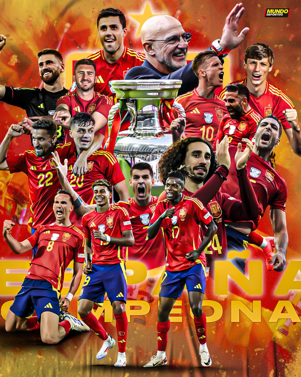 mundodeportivo's tweet photo. 🇪🇸 𝗖𝗔𝗠𝗣𝗘𝗢𝗡𝗘𝗦 𝗗𝗘 𝗘𝗨𝗥𝗢𝗣𝗔

💥 España derrota a Inglaterra en un partido histórico con un gol heroico de Oyarzabal en el 87'

🏆 ¡SOMOS CAMPEONES! https://t.co/E64jyhPgOm
