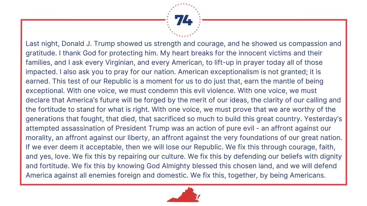 My statement following the assassination attempt of Former President Donald J. Trump: governor.virginia.gov/newsroom/news-…