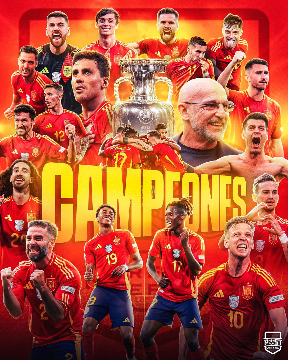 postunited's tweet photo. 🇪🇸💥 ¡INCREÍBLE! ESPAÑA SE HACE CON SU CUARTA EUROCOPA

💪🏼 ¡Somos la selección con más Eurocopas de la historia! https://t.co/TI58wnnFYV